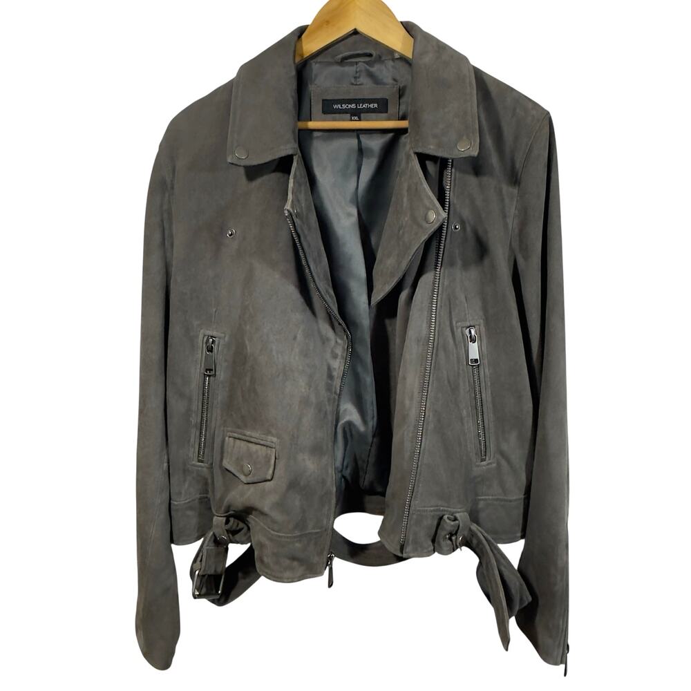 Wilsons Leather Gray Suede Moto Jacket XXL Genuine Leather Zip Pockets Belted